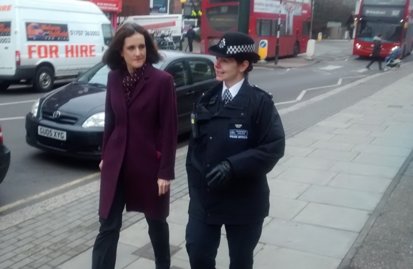 Theresa Villiers out with Met police officers in New Barnet