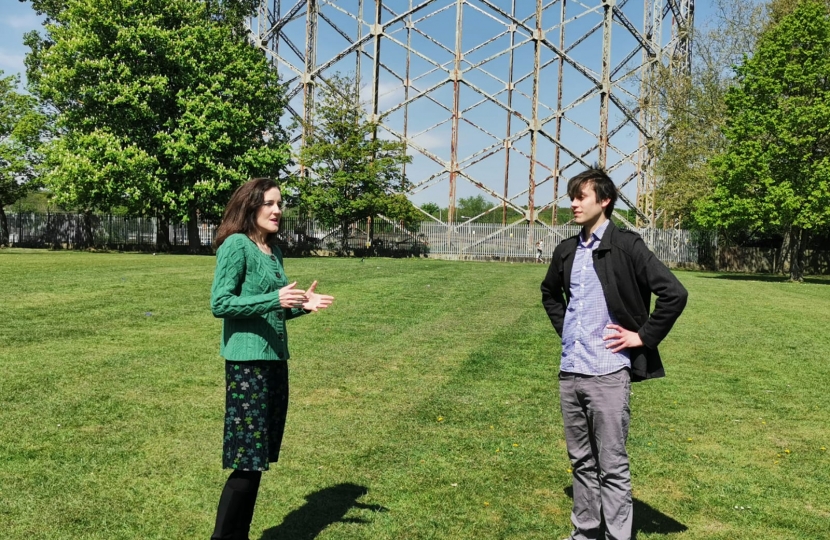 Theresa Villiers and Felix Byers in Victoria Recreation Ground in New Barnet