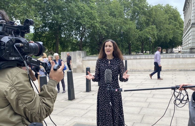 Photo of Theresa Villiers MP being interviewed in Westminster