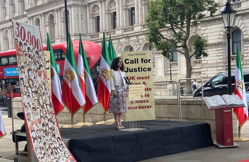 Theresa Villiers addresses rally for human rights in Iran