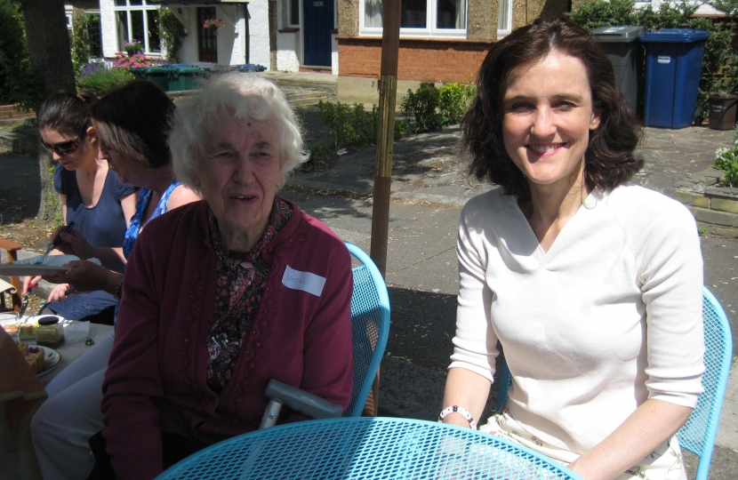 Theresa Villiers meets Hazel Amor who has lived in Horsham Avenue since 1926