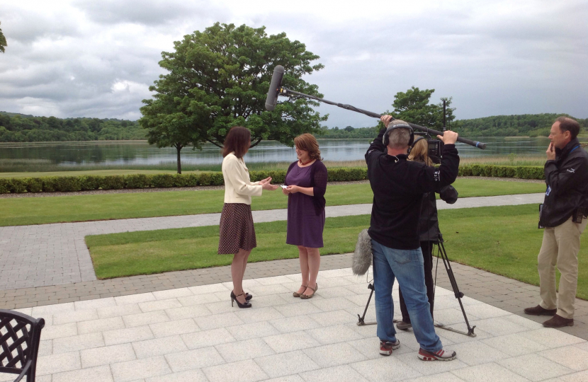 Theresa Villiers talks to the media at the G8 summit in Lough Erne